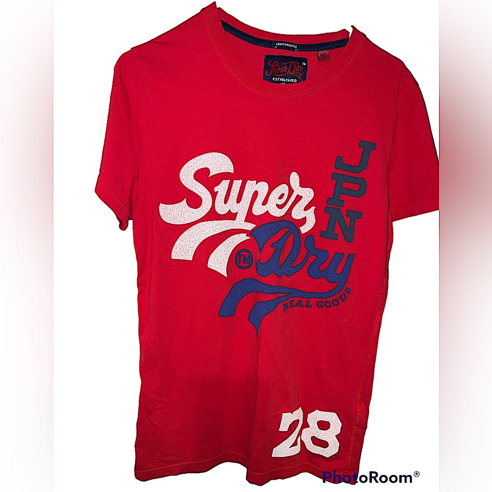 Superdry Shirt Mens Medium Red 28 Logo Japan Blue Short Sleeve Crewneck Graphic